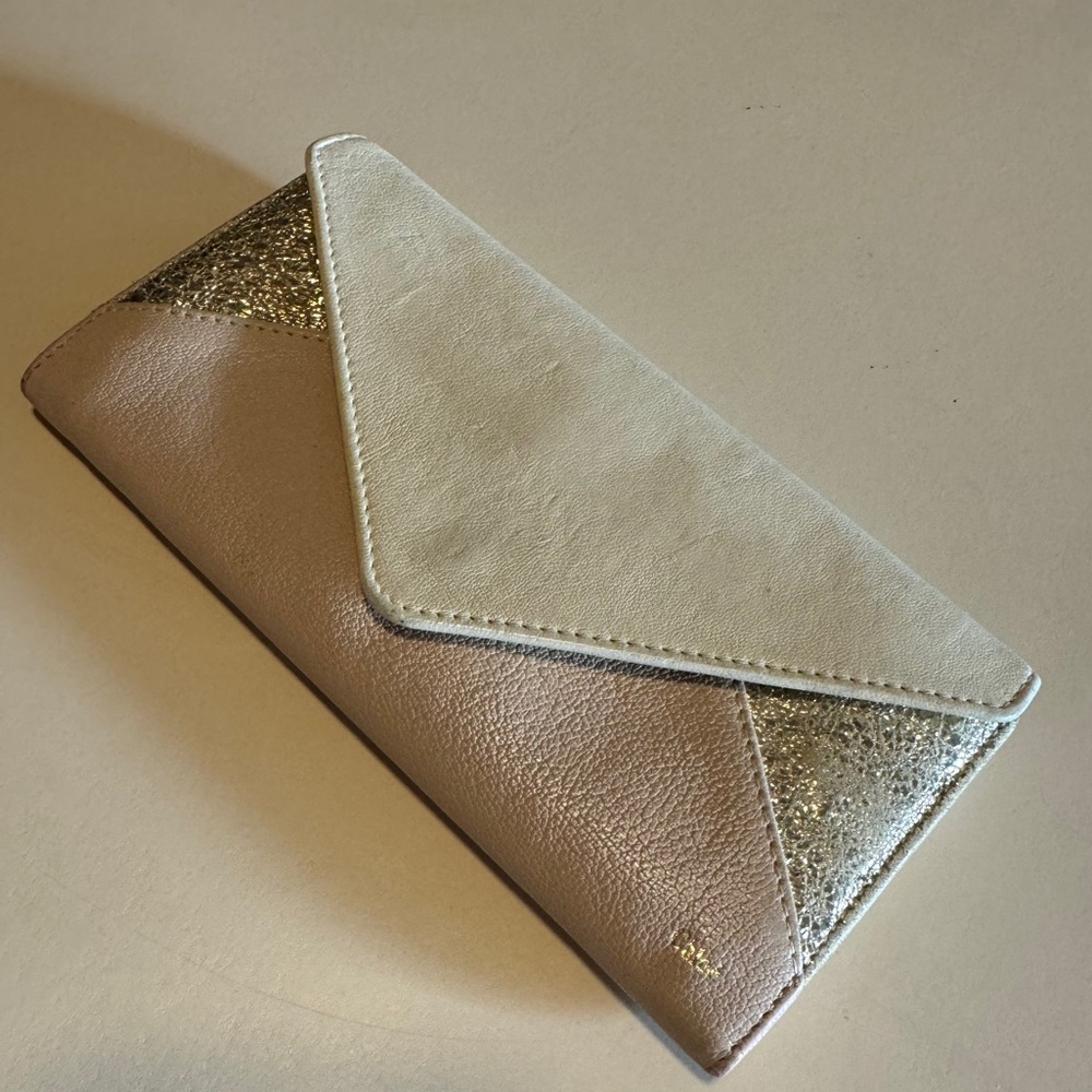 Chloé Beige and nude pink patchwork envelope style wallet clutch + gold …